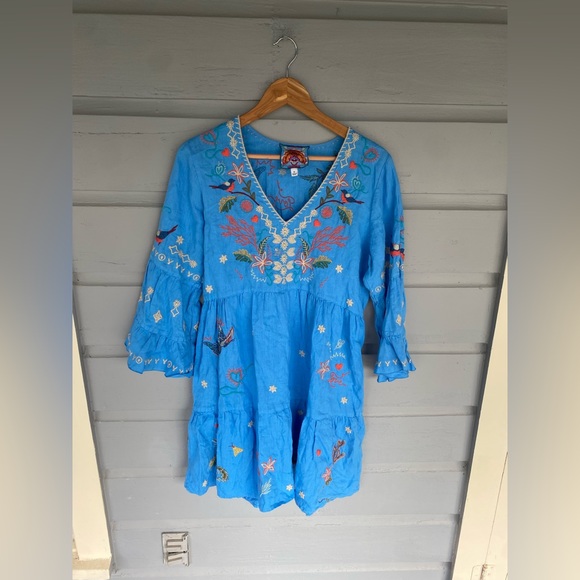 LIKE NEW JOHNNY WAS ZOE EMBROIDERED TIERED LINEN DRESS AZURE BLUE Medium - Picture 4 of 10